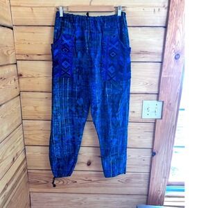 Blue Woven Boho Harem Pants Geometric Pattern Drawstring Ankle Festival Pants